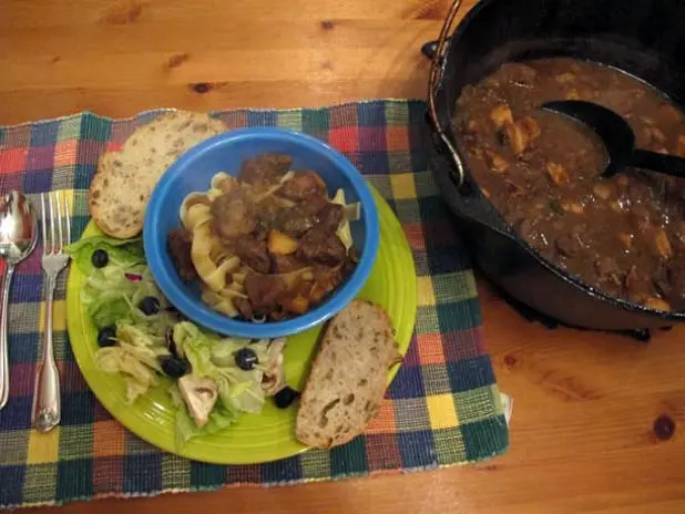 Venison Carbonnade made in a restored and seasoned dutch oven.