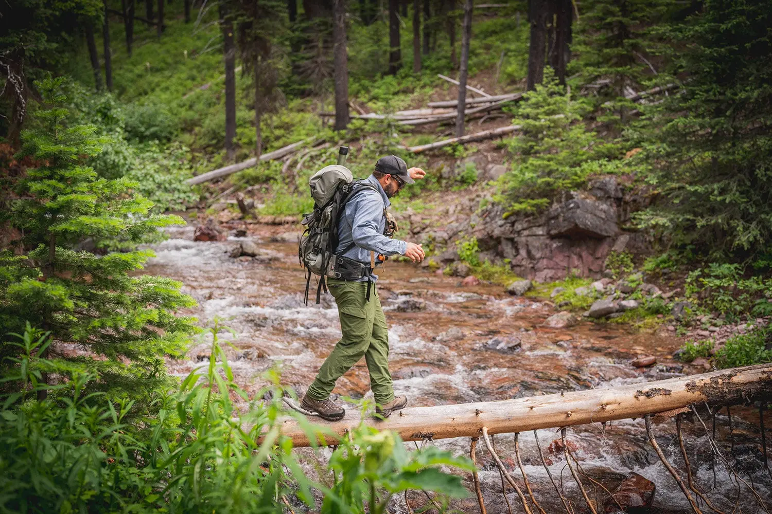 Hiker crosses stream on fallen tree trunk