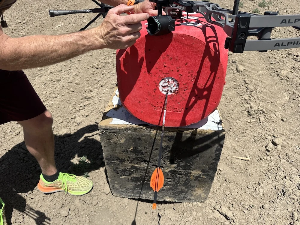 Muzzy Trocar Broadhead on a target during testing for accuracy