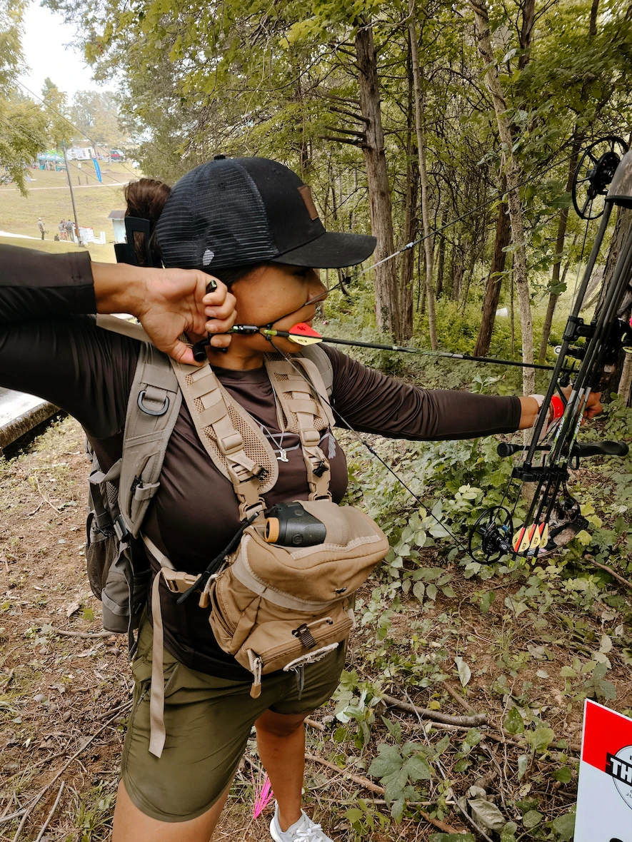 Female hunter shooting Bowtech Eva Gen3 compound bow