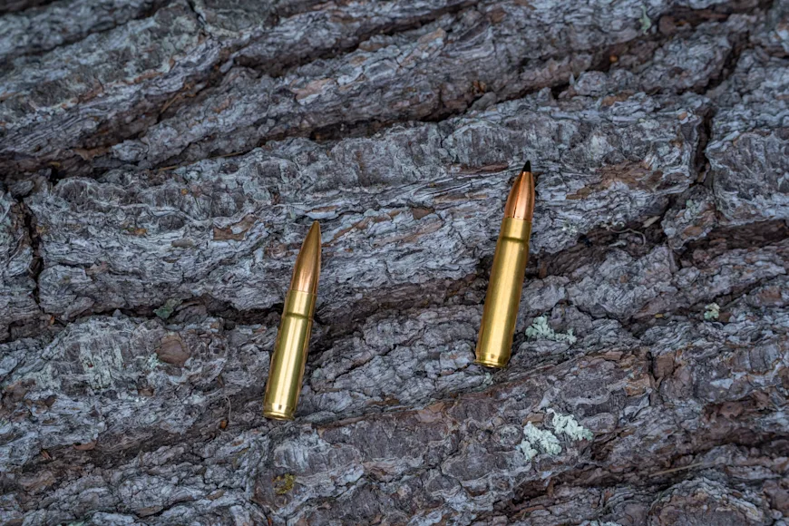A 300 Blackout next to a 300 HAMR rifle cartridge.
