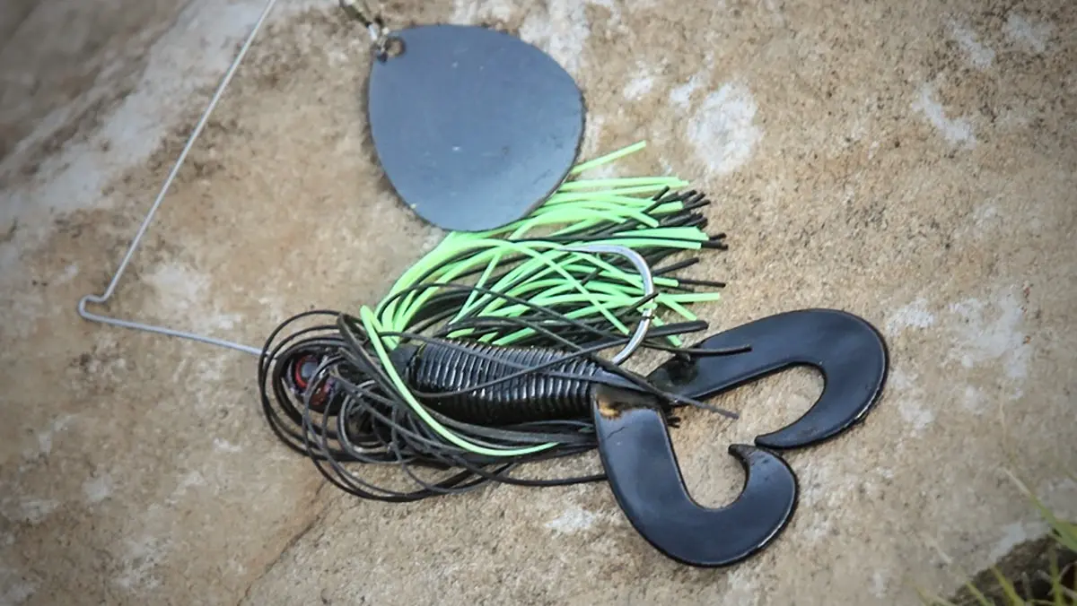 A spinnerbait paired with a soft plastic lure.