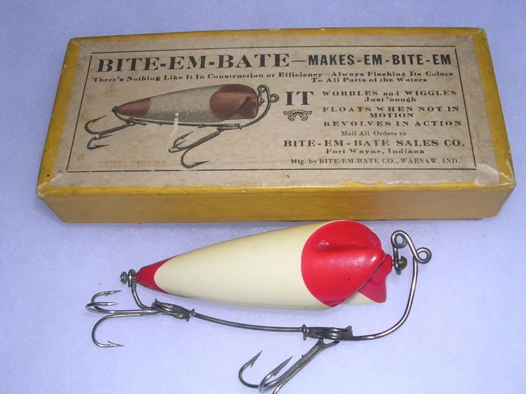 Bite-Em Bate lures are among the most colorful and sophisticated antique fishing lures.