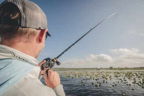 Angler reels in a bass while fishing in thick cover