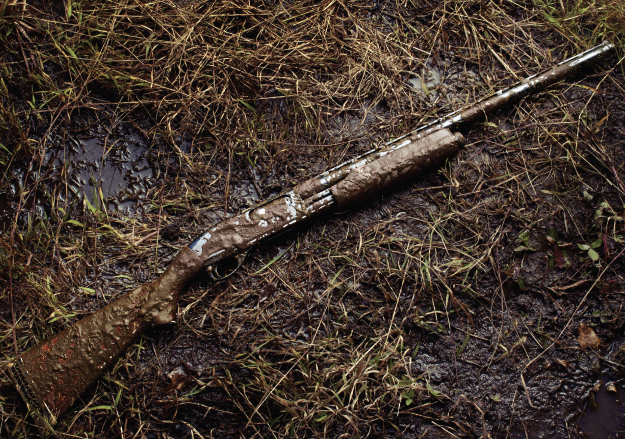 A shotgun lies completely covered in mud and water in a swamp.