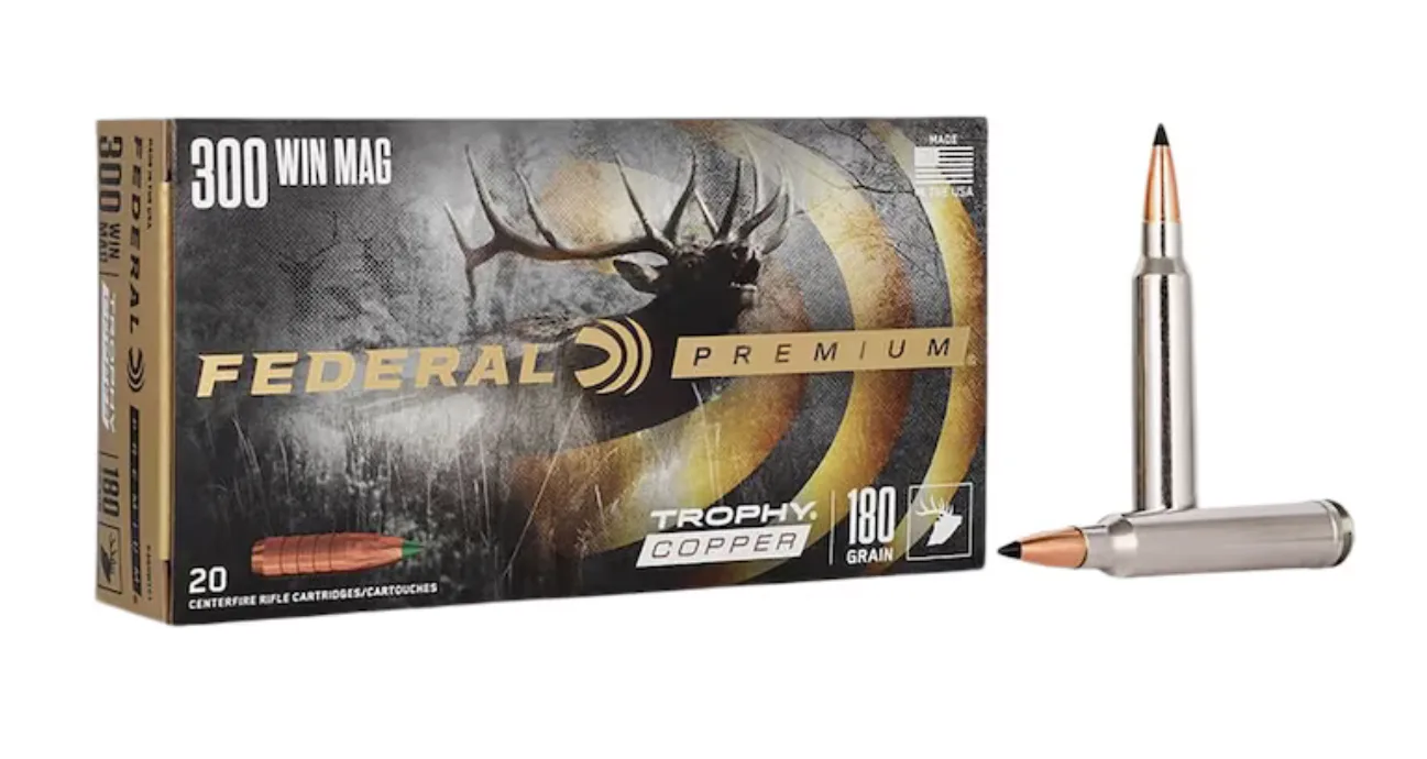 Federal’s 180-grain Trophy Copper ammo on a white background.