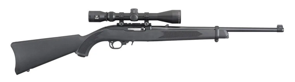 A scoped Ruger 10-.22 rifle