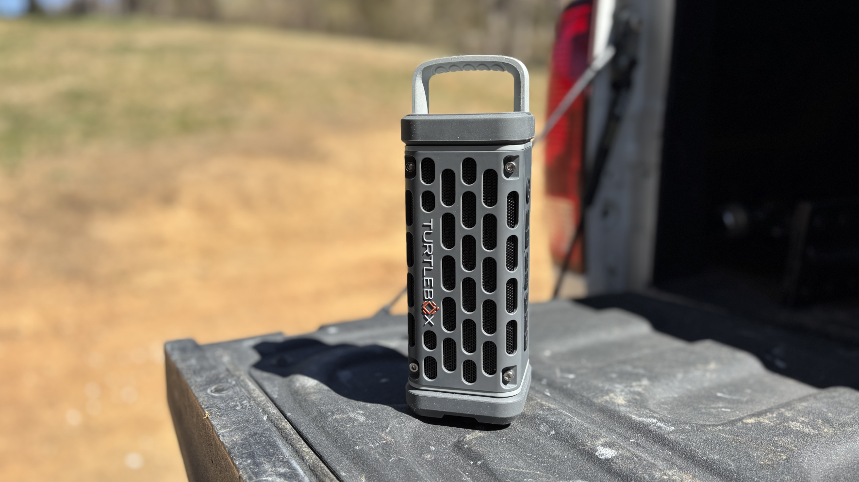 Turtlebox Ranger Speaker on truck tailgate during testing