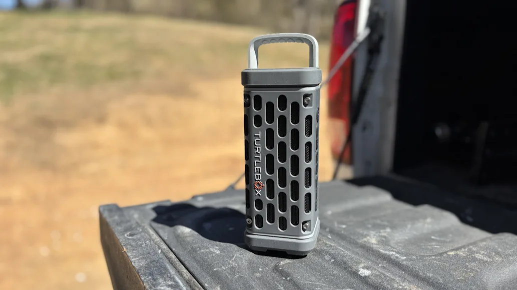 Turtlebox Ranger Speaker on truck tailgate during testing