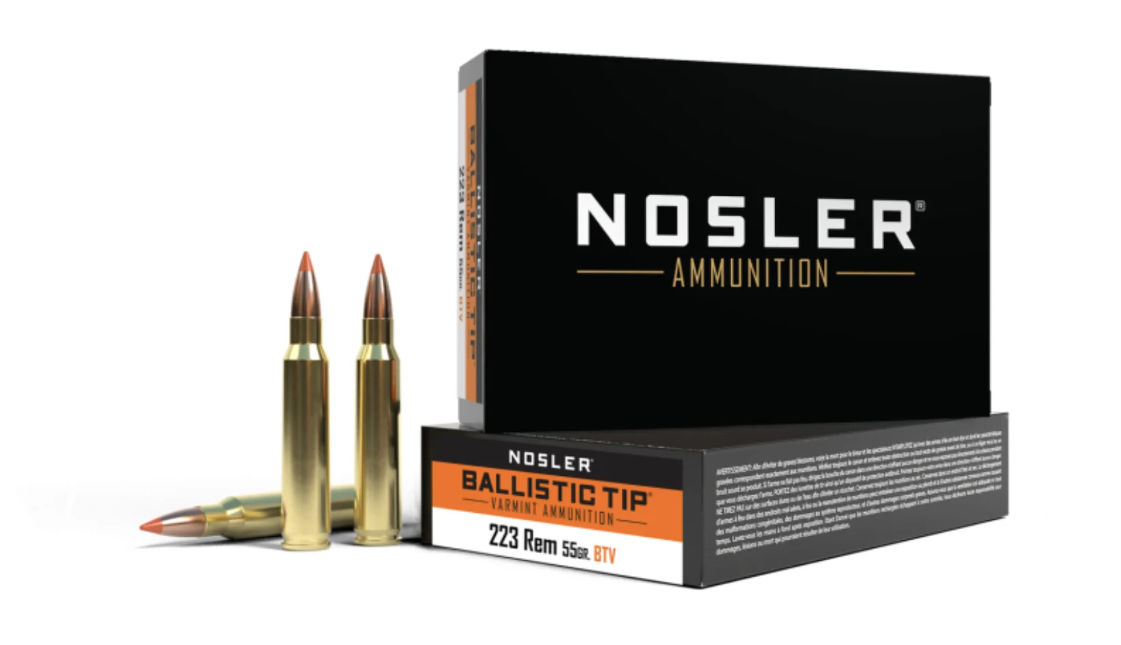 Nosler 223 varmint ammo on a white background. 