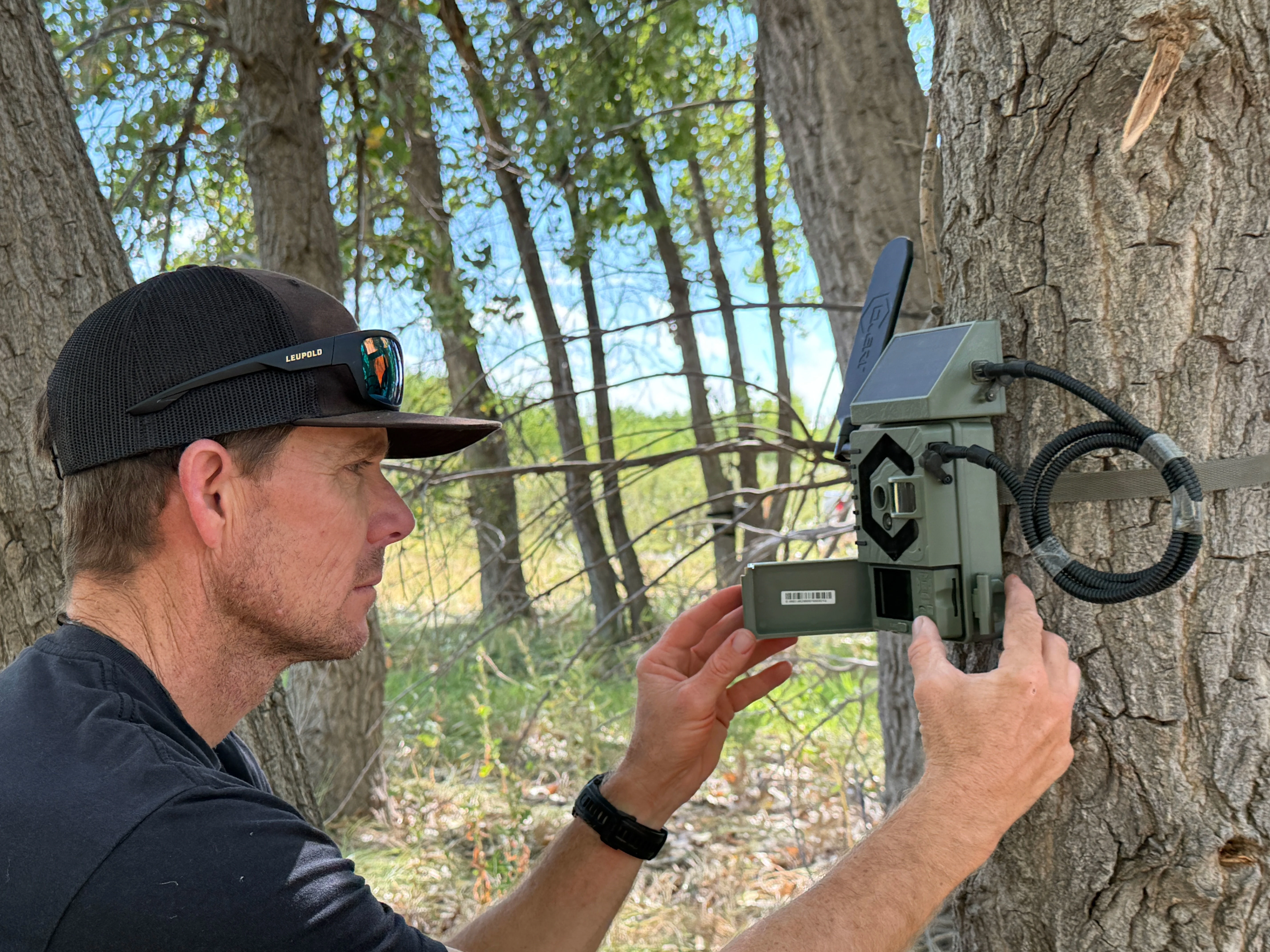 A hunter sets up a Covert Interceptor Solar trail camera. 