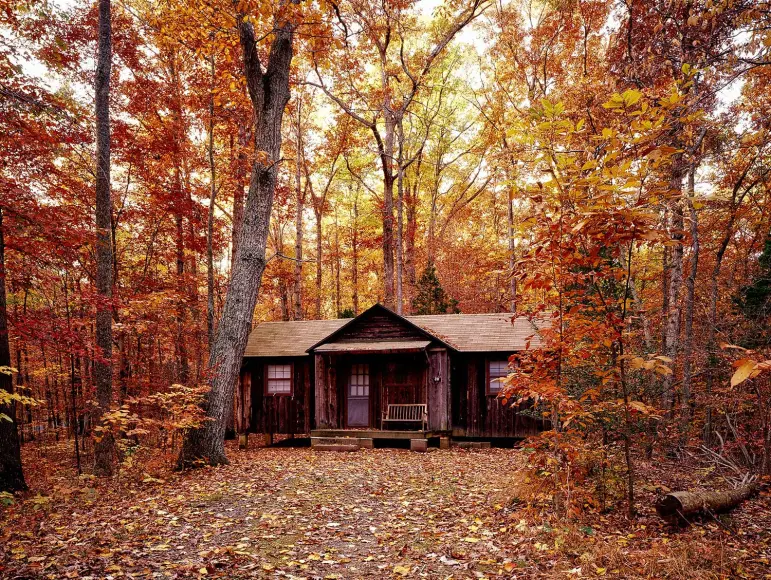 A log cabin in the woods during the fall.