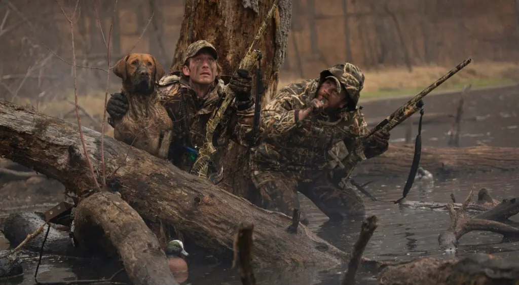 two duck hunters calling in flooded timber