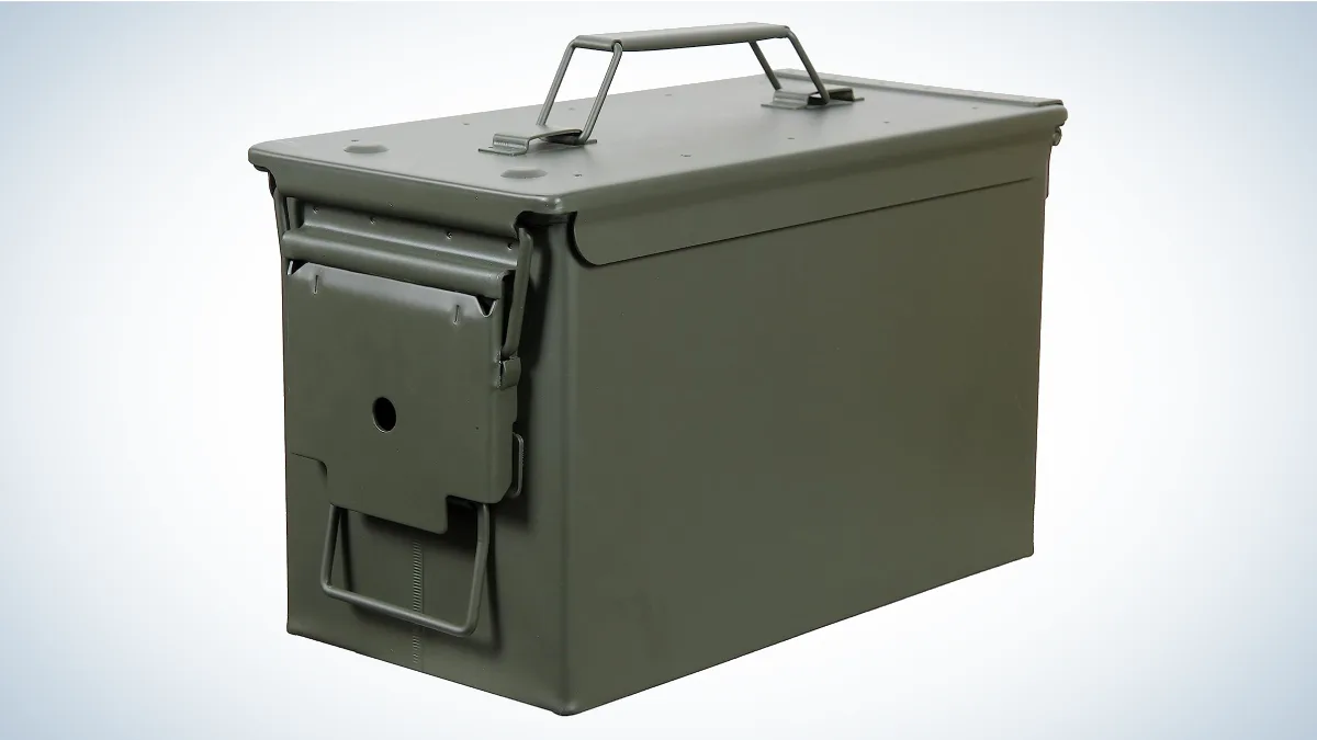 Fortress 50 Caliber Metal Ammo Can on gray and white background