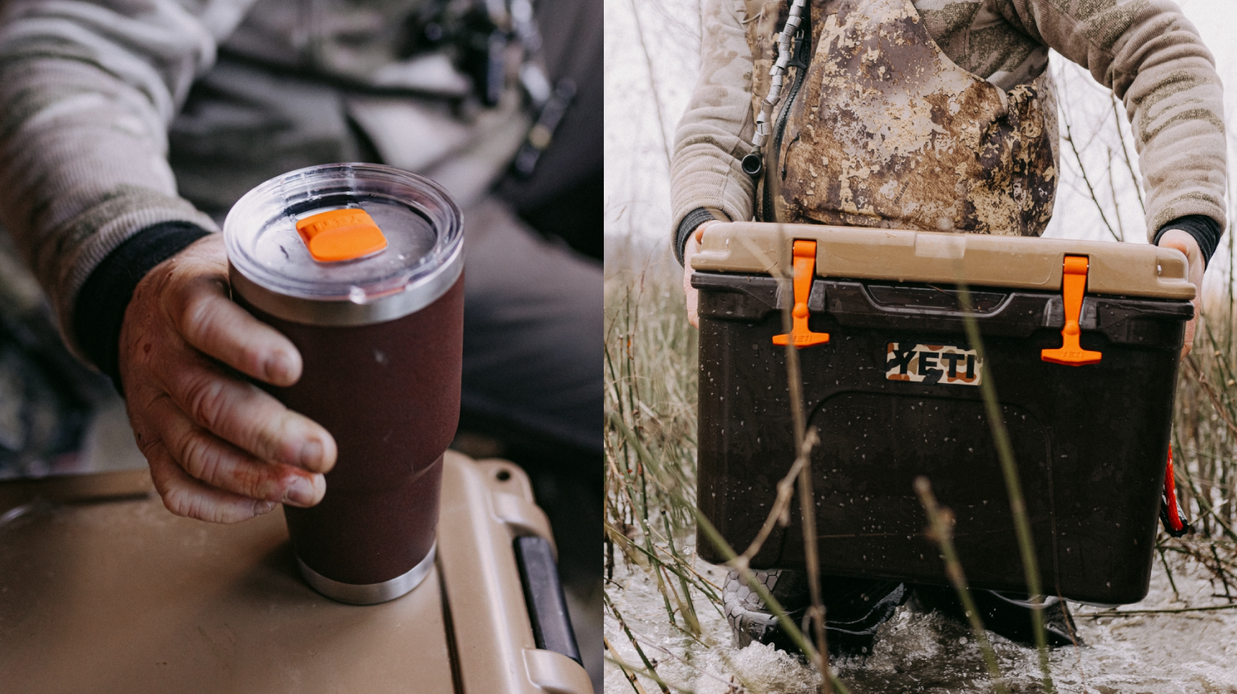 Yeti Wetlands Brown Collection: Rambler travel mug and Loadout GoBox gear case