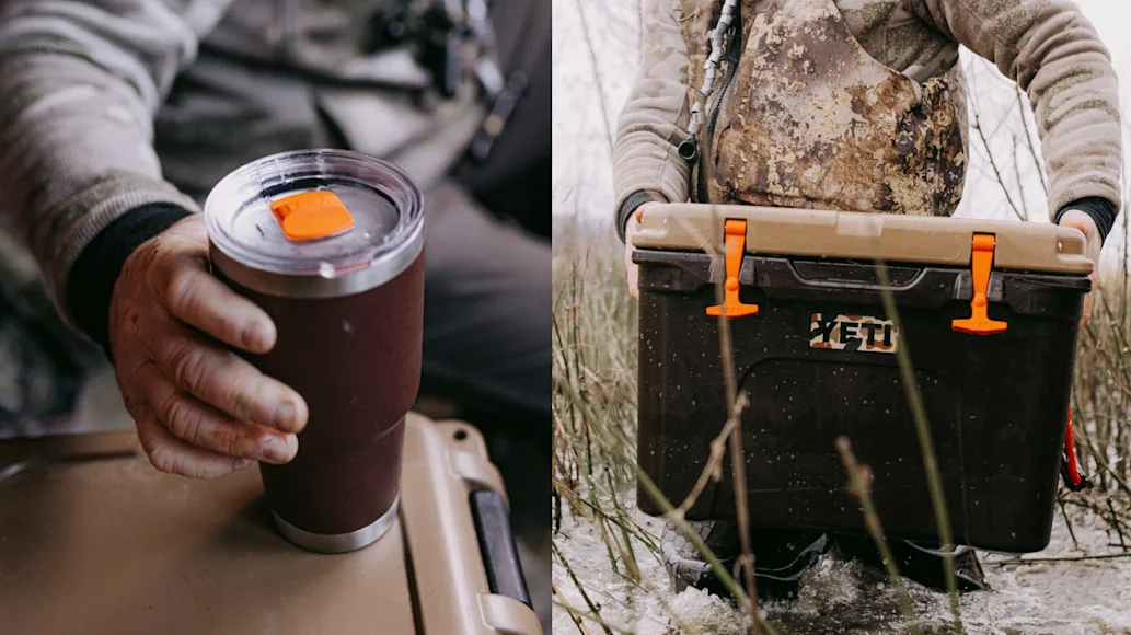Yeti Wetlands Brown Collection: Rambler travel mug and Loadout GoBox gear case