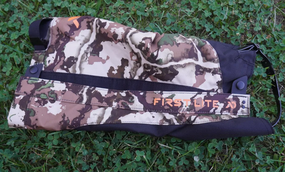 First Lite Brambler Hunting Gaiters on grass during testing