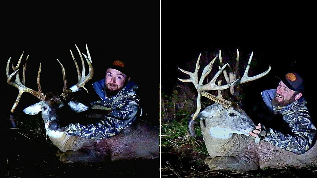 A hunter poses with a trophy whitetail taken in Iowa.