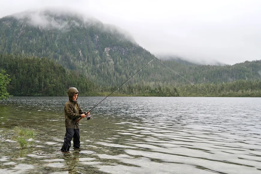A child fishing the Tongass National Forest in Southeast Alaska.