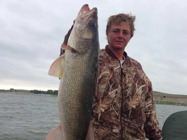 man holding up walleye fish