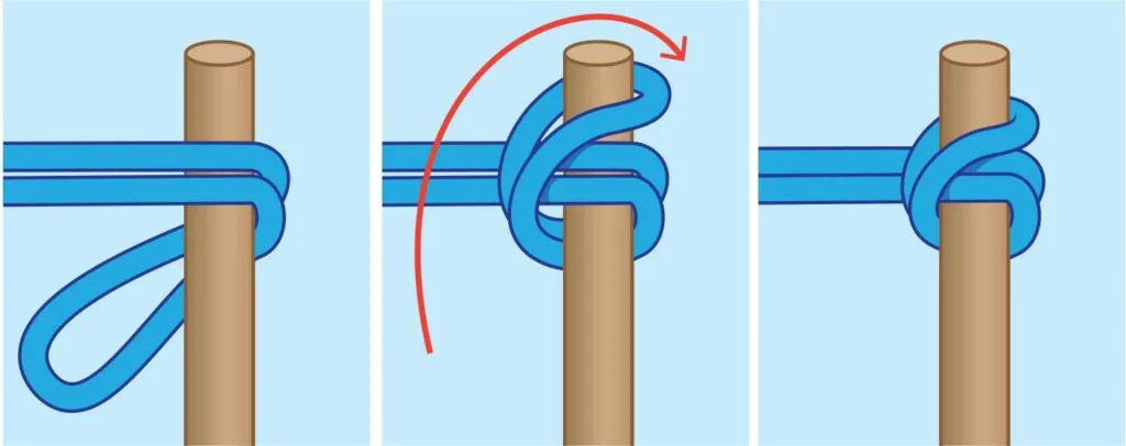 A step-by-step drawing of how to tie a pile hitch.