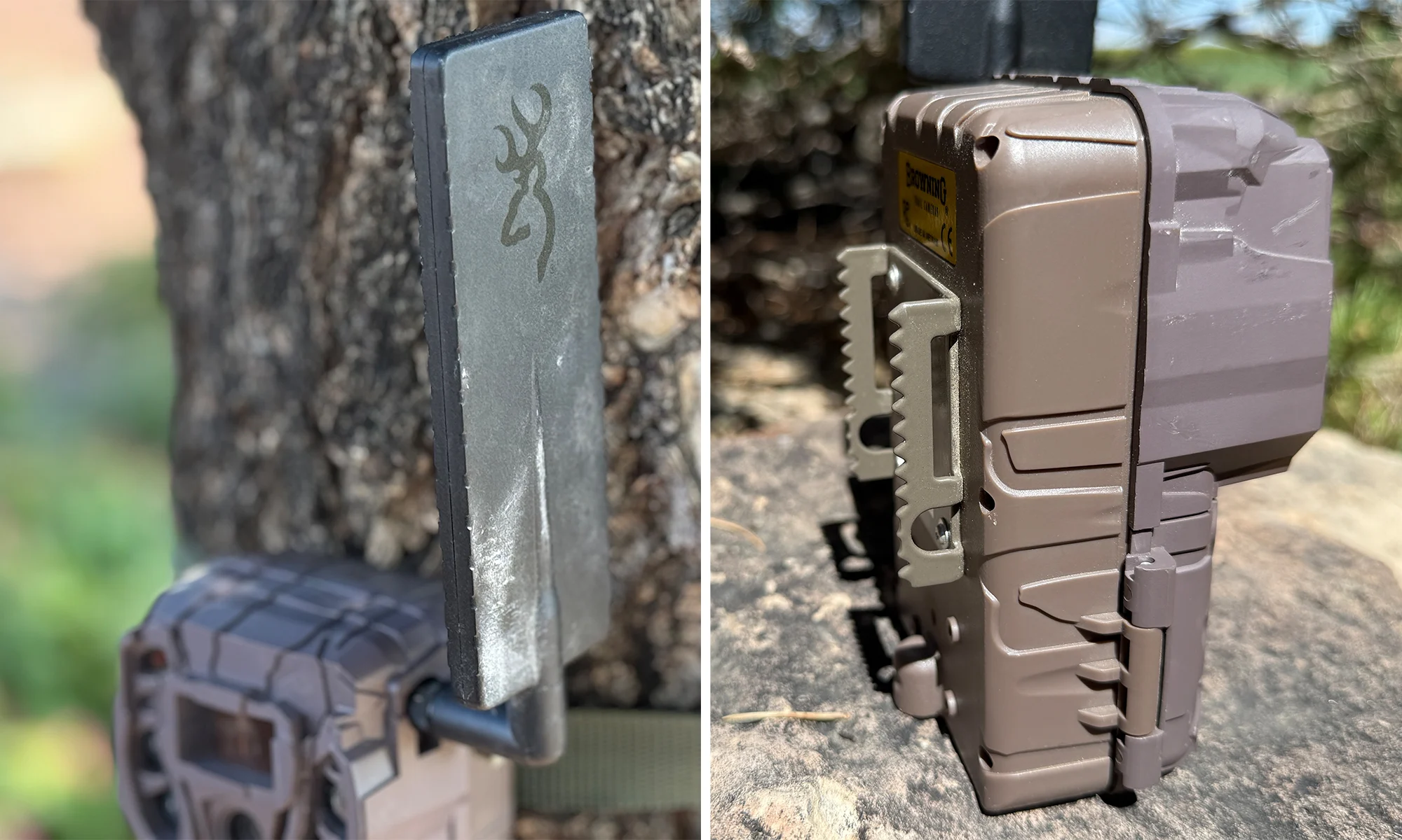 Closeup photos of the Browning Defender Vision Pro LiveStream camera's antenna and mounting bracket.