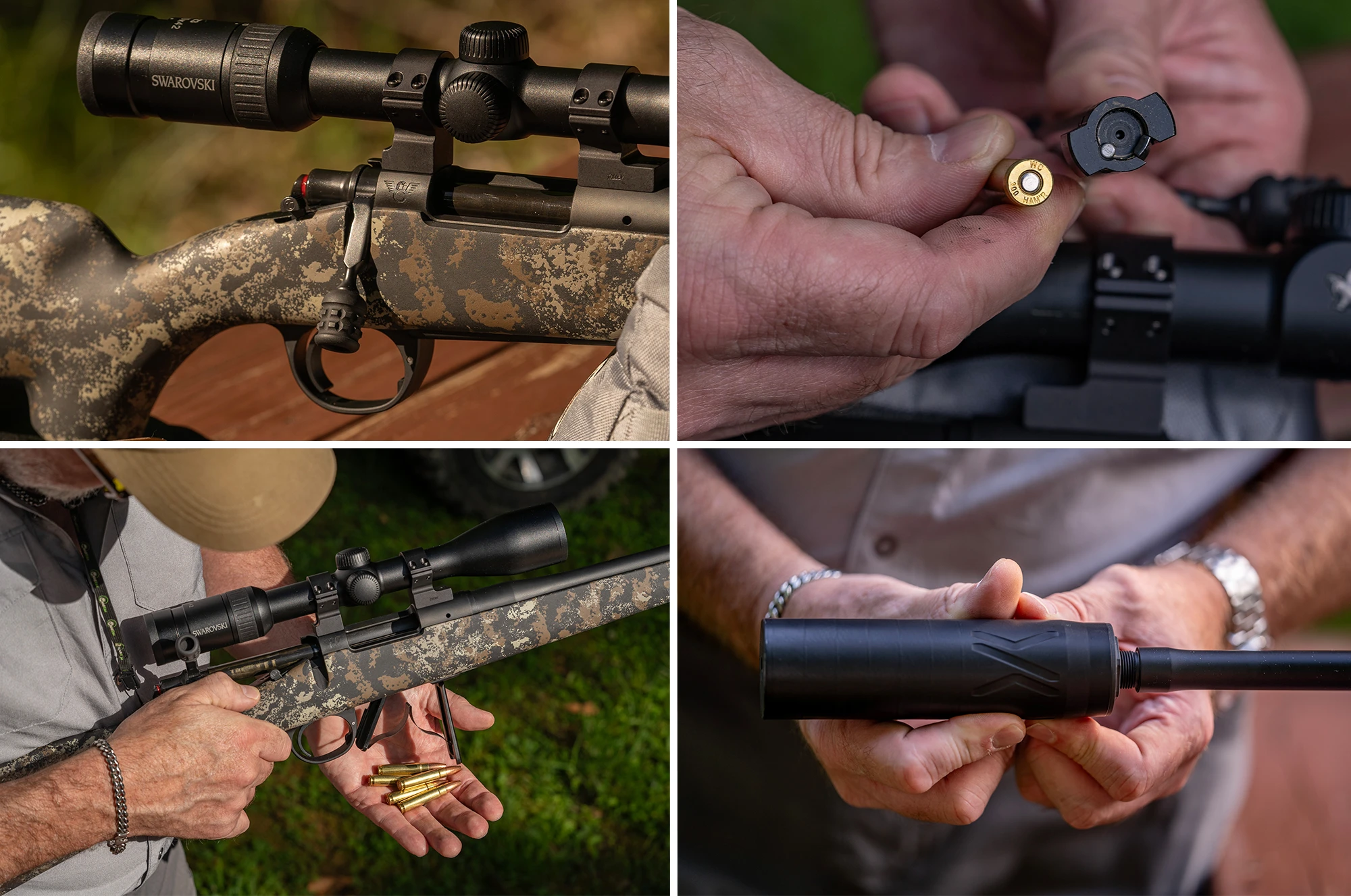 Grid of closeup photos showing the Wilson Combat Model 20S's action, bolt face, hinged floor plate, and threaded barrel.