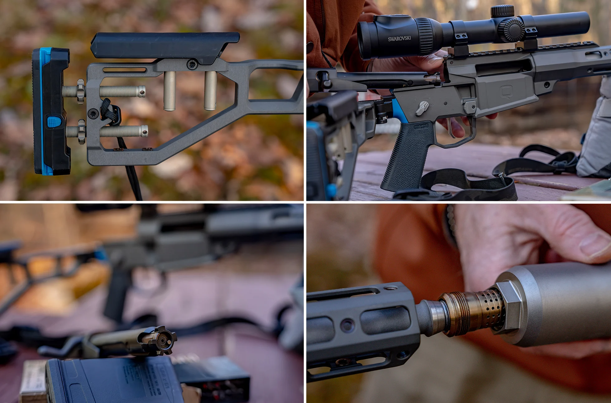 Closeup photos of the Q Fix's folding stock, reciever, bolt, and suppressor attachment. 