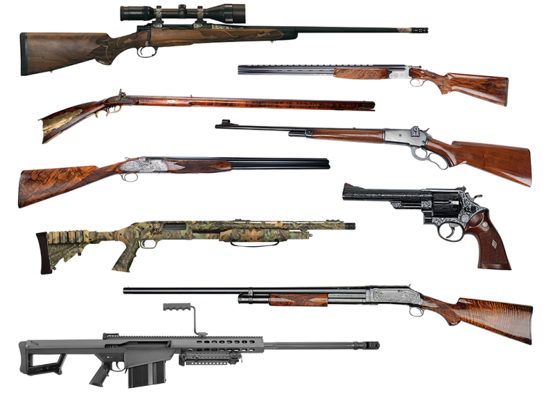 A collection of rifles on a white background.