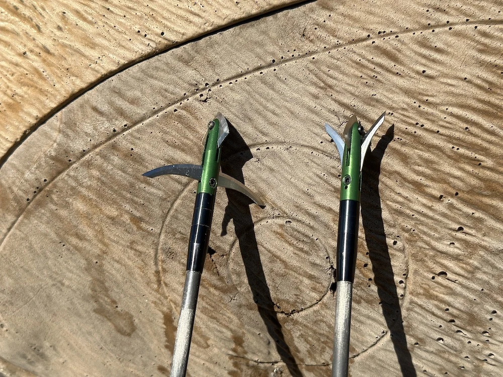 Two Evolution Hyde Broadheads laying on target