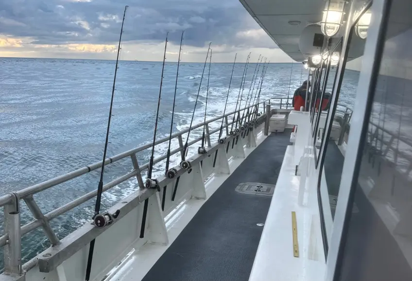 A scene on the deck of a party boat, with fishing rods in the rod holders.