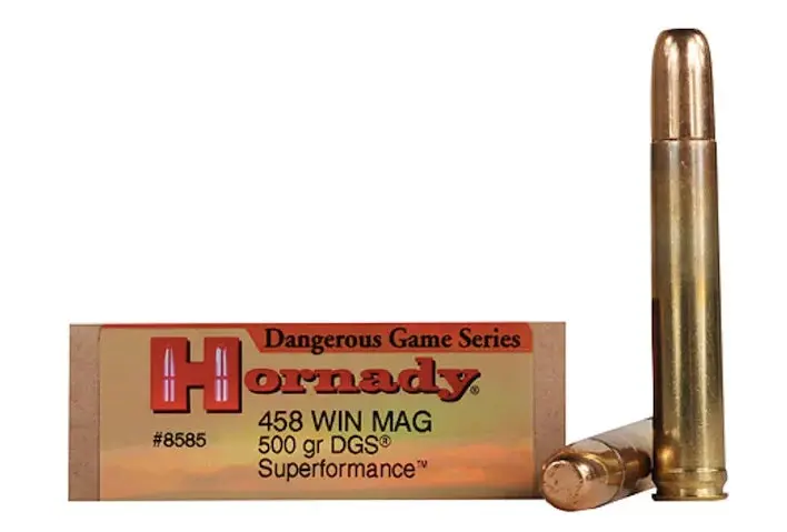 Hornady Dangerous Game Series Superformance in .458 Winchester Magnum on a white background.