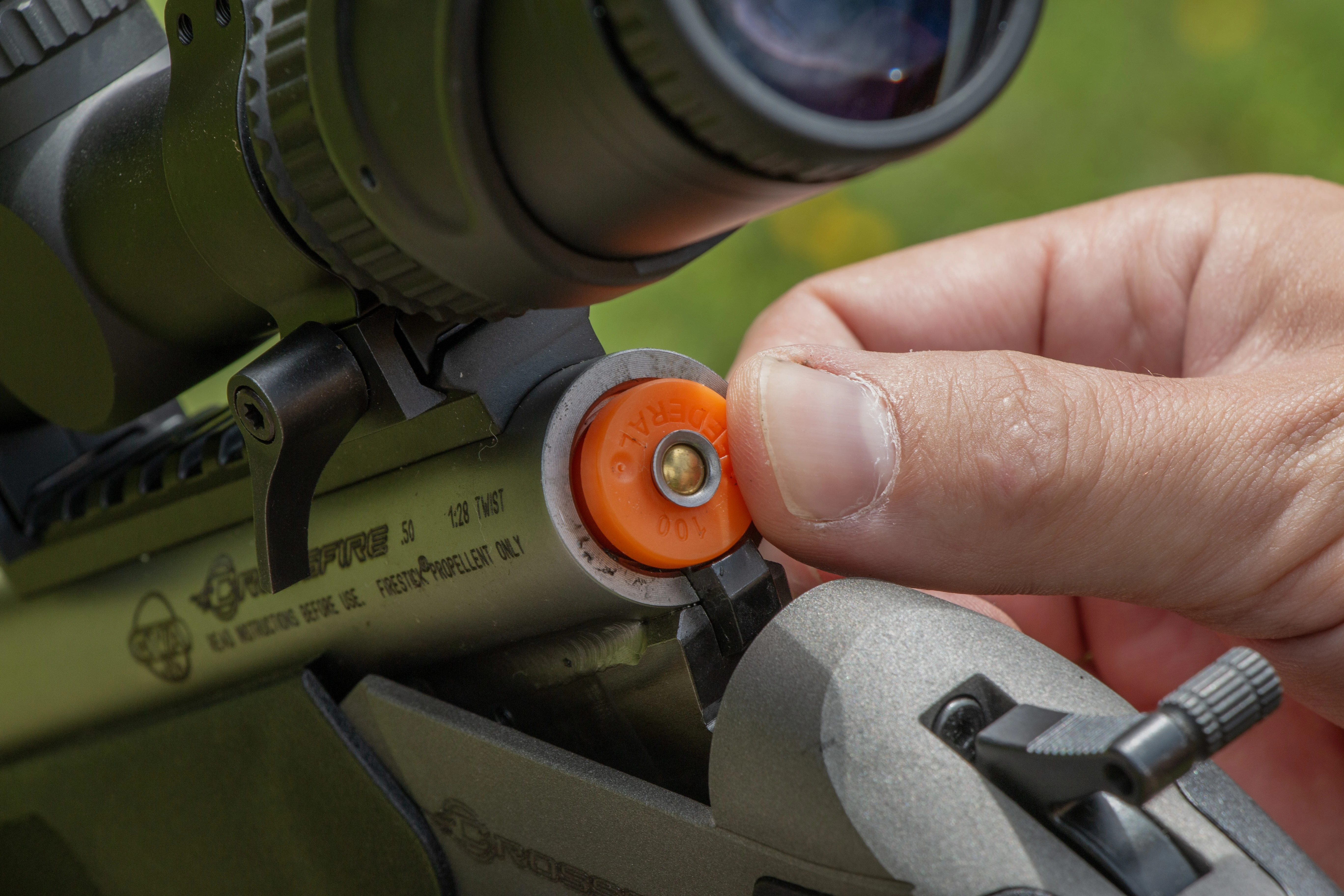 A shooter loads a Firestick into the new CVA Crossfire muzzleloader. 