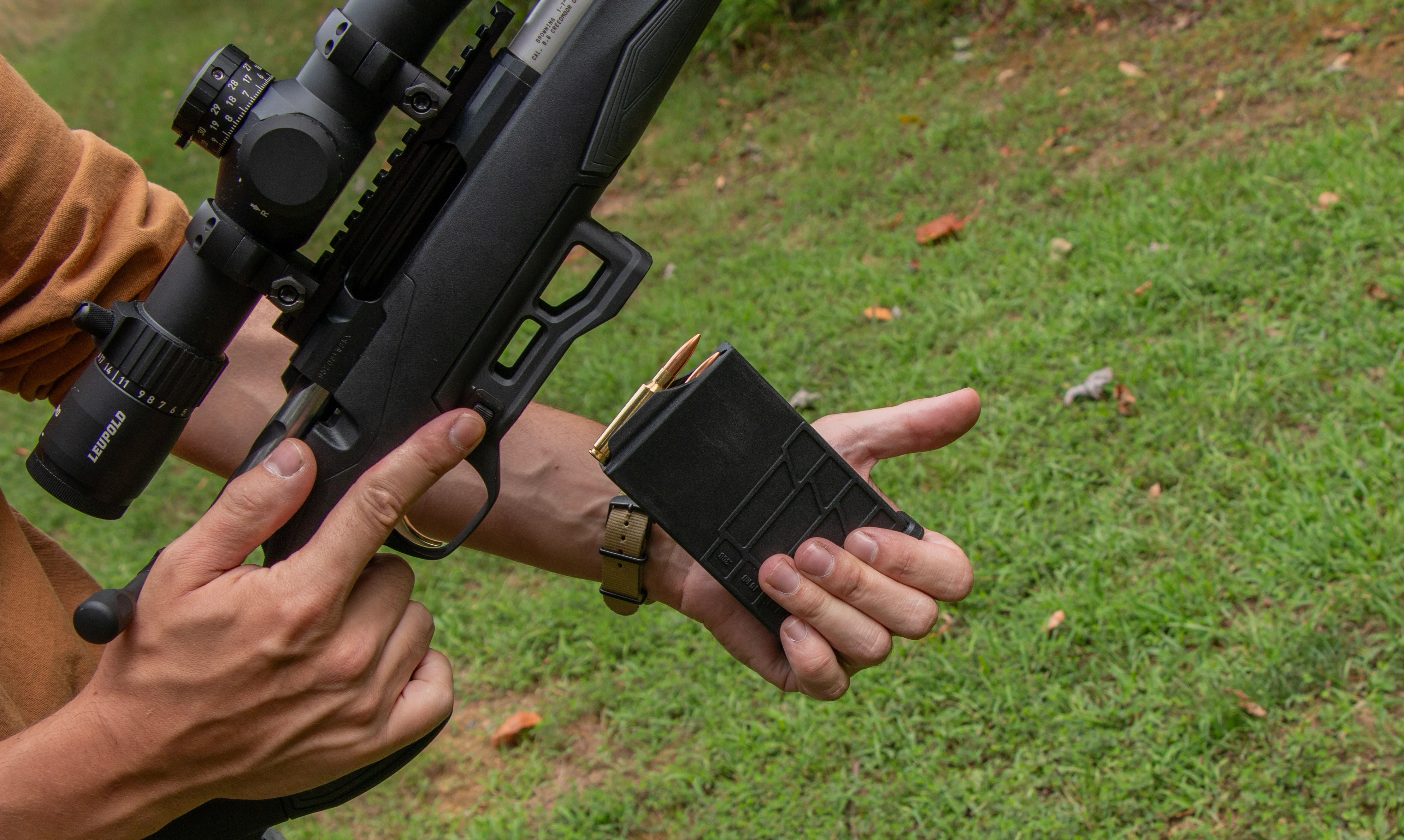 A shooter inserts an AICS-style magazine into the new Browning X-Bolt 2 Target Lite rifle. 