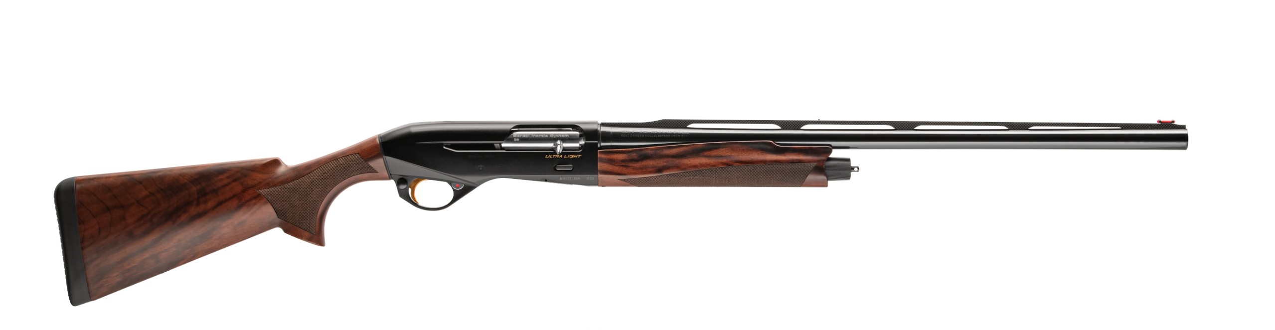 Benelli Montefeltro Ultra Light semiauto shotgun on white background. 