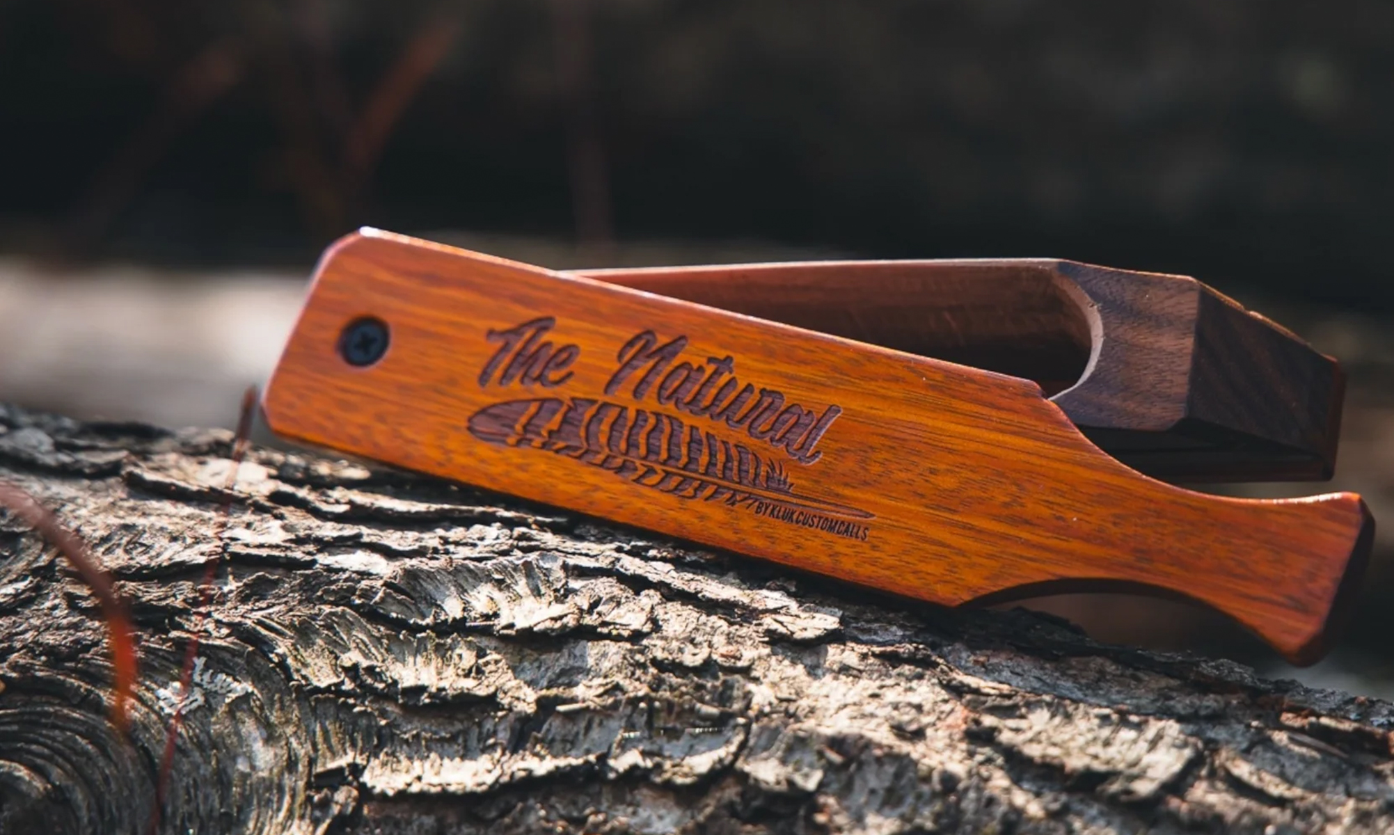 A turkey box call called "The Natural," one of the best turkey calls for 2025, lays on a long in the woods.