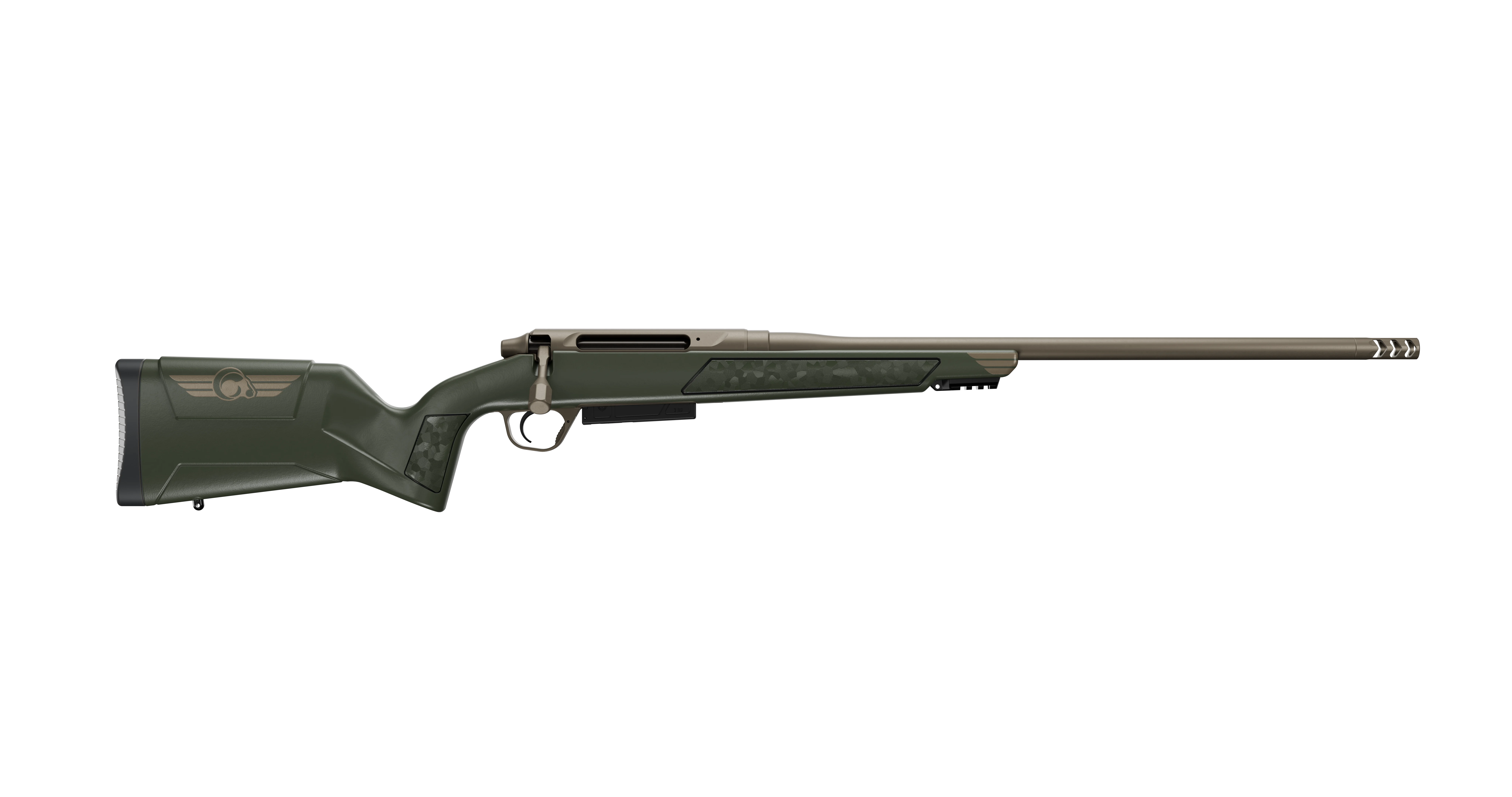 Christensen Arms Evoke bolt-action rifle on white background. 