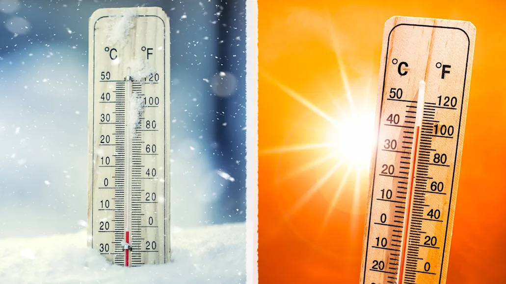 A photo of a thermometer in cold weather and hot weather to represent hypothermia vs hyperthermia