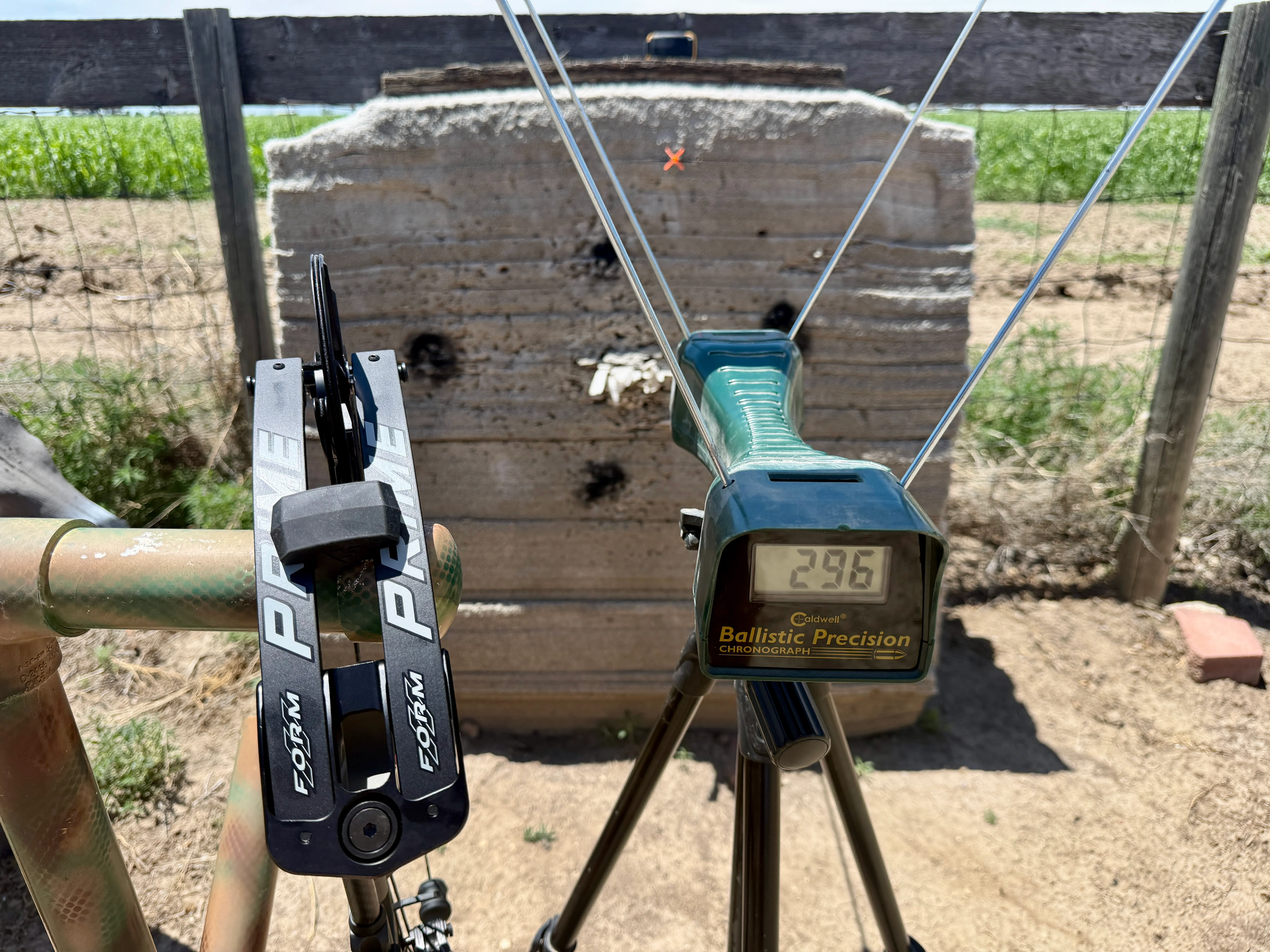 A chronograph reads 296 fps for the Prime Form compound bow.