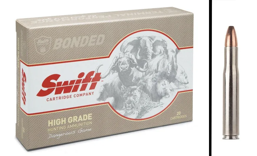 Swift High Grade Dangerous Game ammo in .404 Jeffery on a white background.