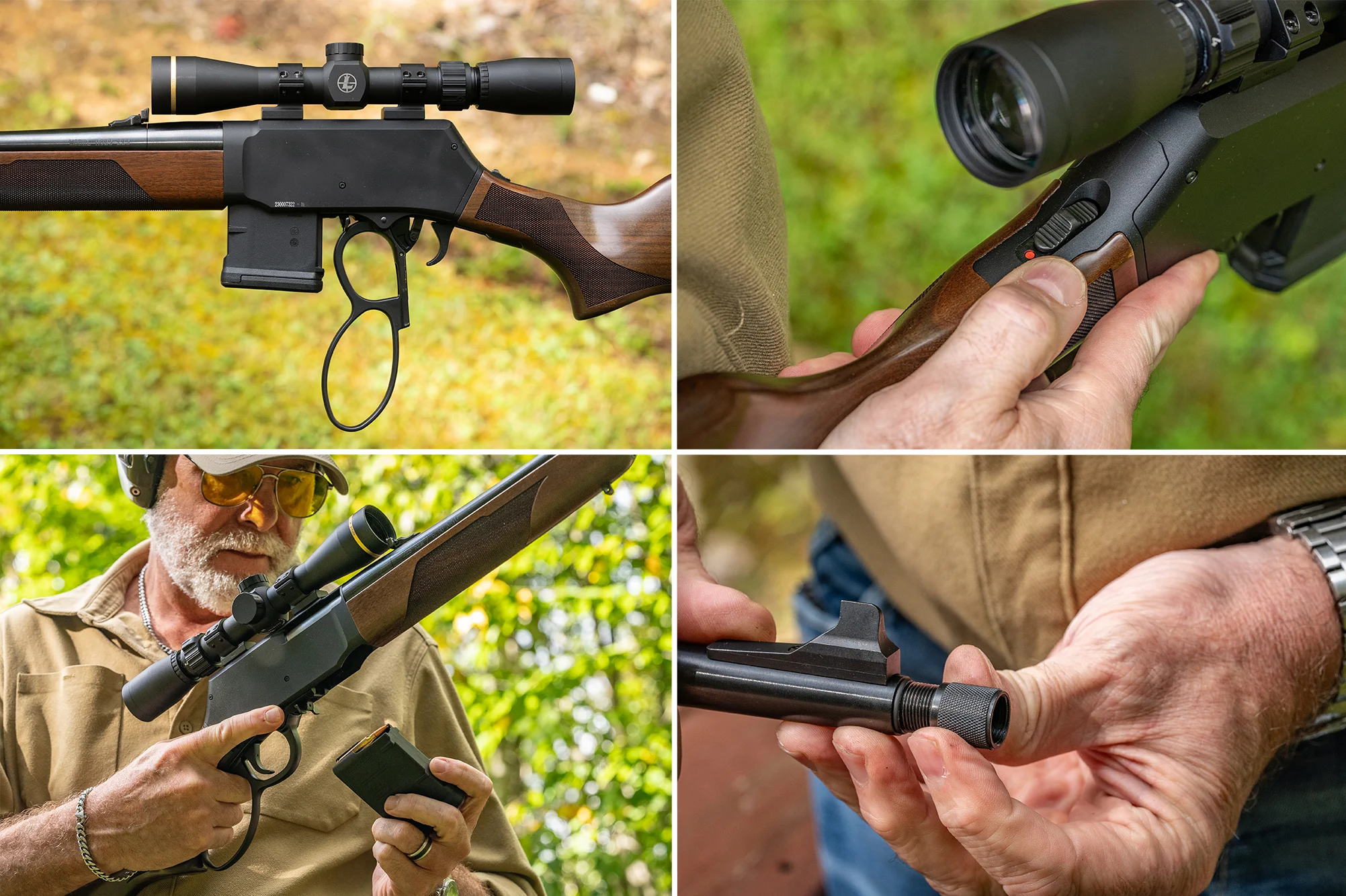 Closeup photos of the Henry Lever Action Supreme's action, safety, box magazine, and threaded muzzle. 