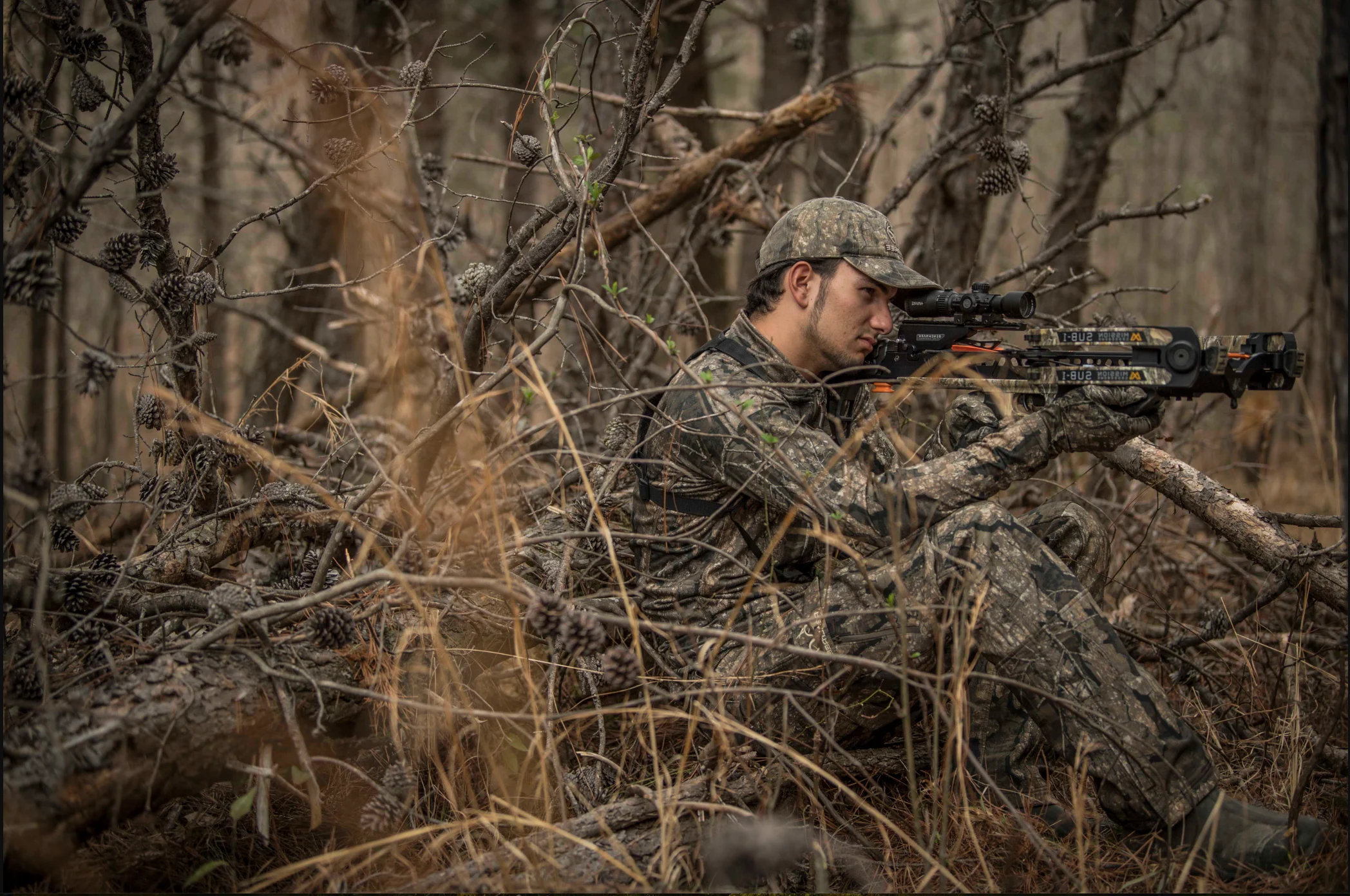 A hunter shoots a crossbow from a natural blind. 