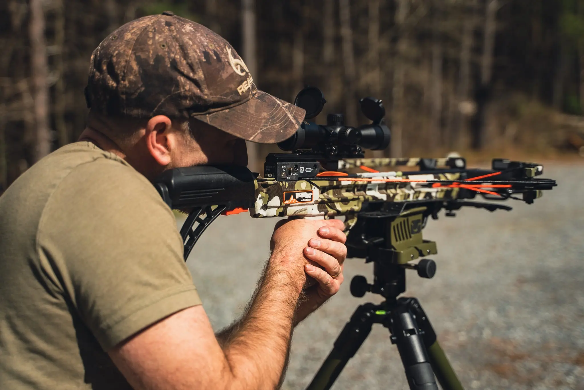 Tester shooting a Wicked Ridge crossbow