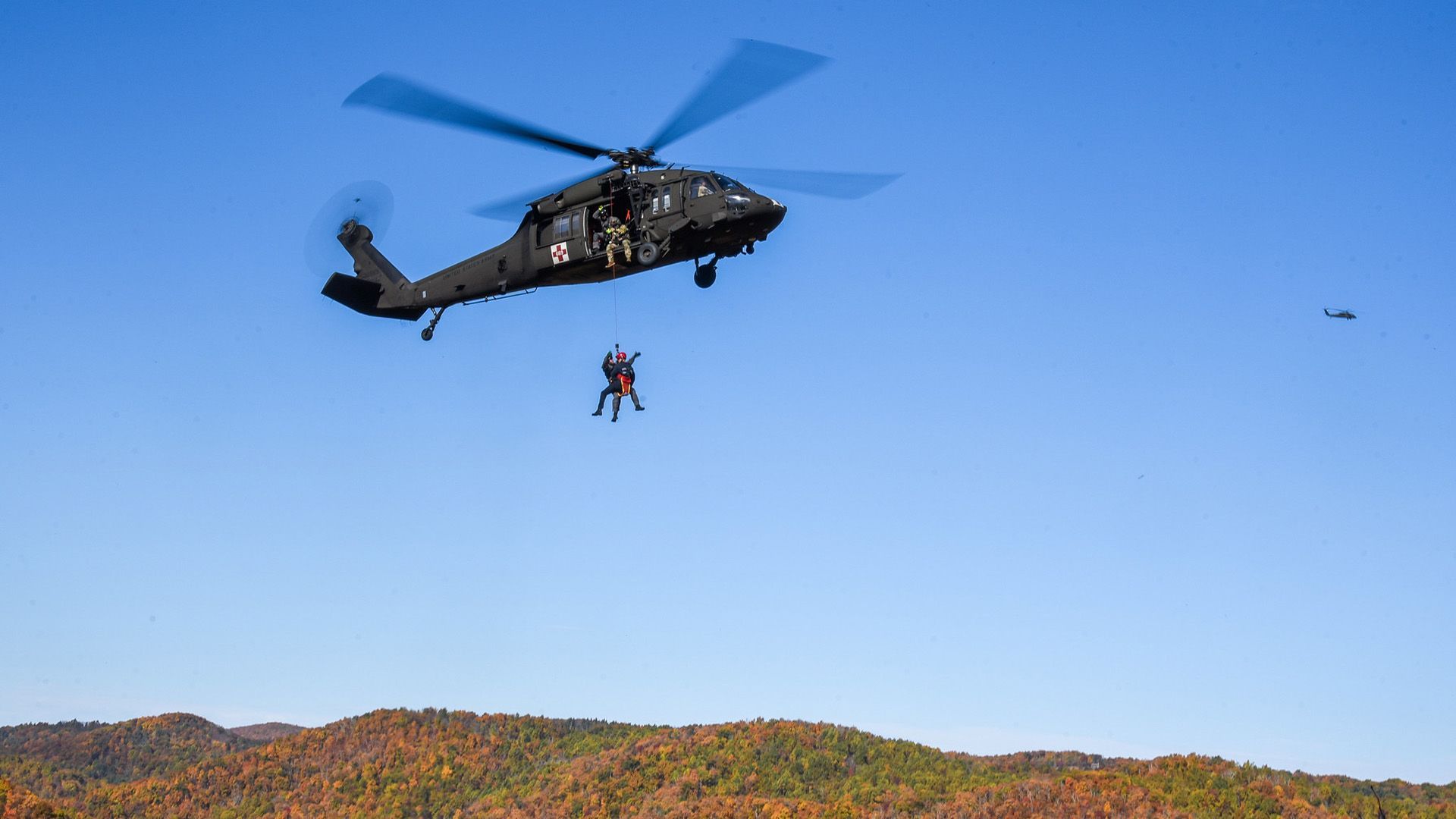 Two Natioanl Guard helicopters in flight in Montana. 
