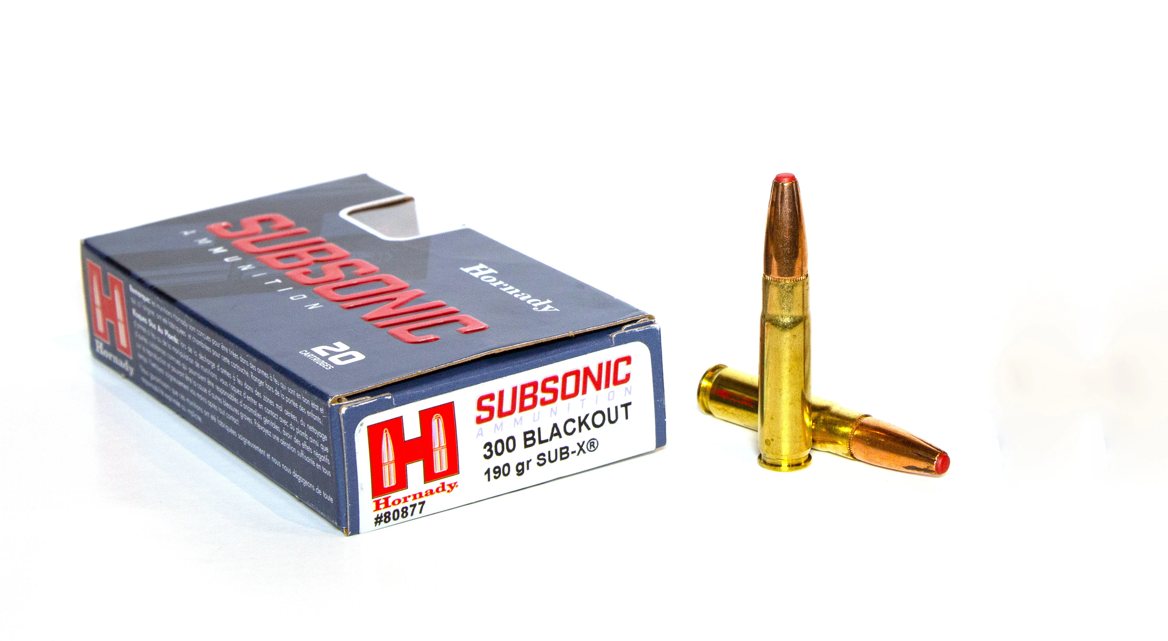 A box of Hornady Subsonic 300 Blackout ammo on a white background.