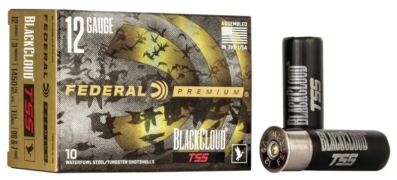 A box of federal black cloud tss ammo aon a white background.