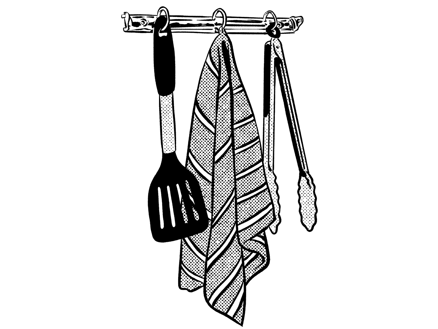 An illustration of kitchen utensils hanging on a rack.
