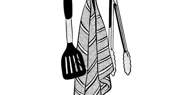 An illustration of kitchen utensils hanging on a rack.