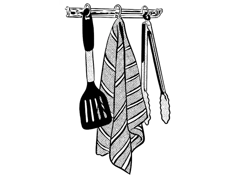 An illustration of kitchen utensils hanging on a rack.