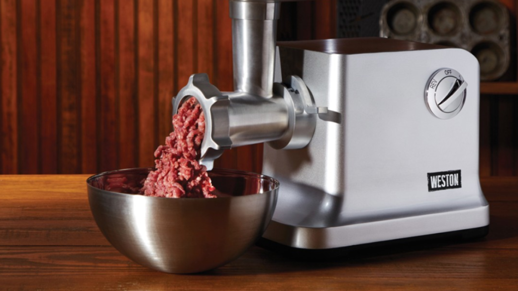 Weston Meat Grinder grinding beef into ground beef